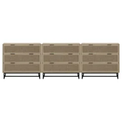 Rattan, Wood & Metal 3-Drawer Large Dresser Oak (Set of 3)