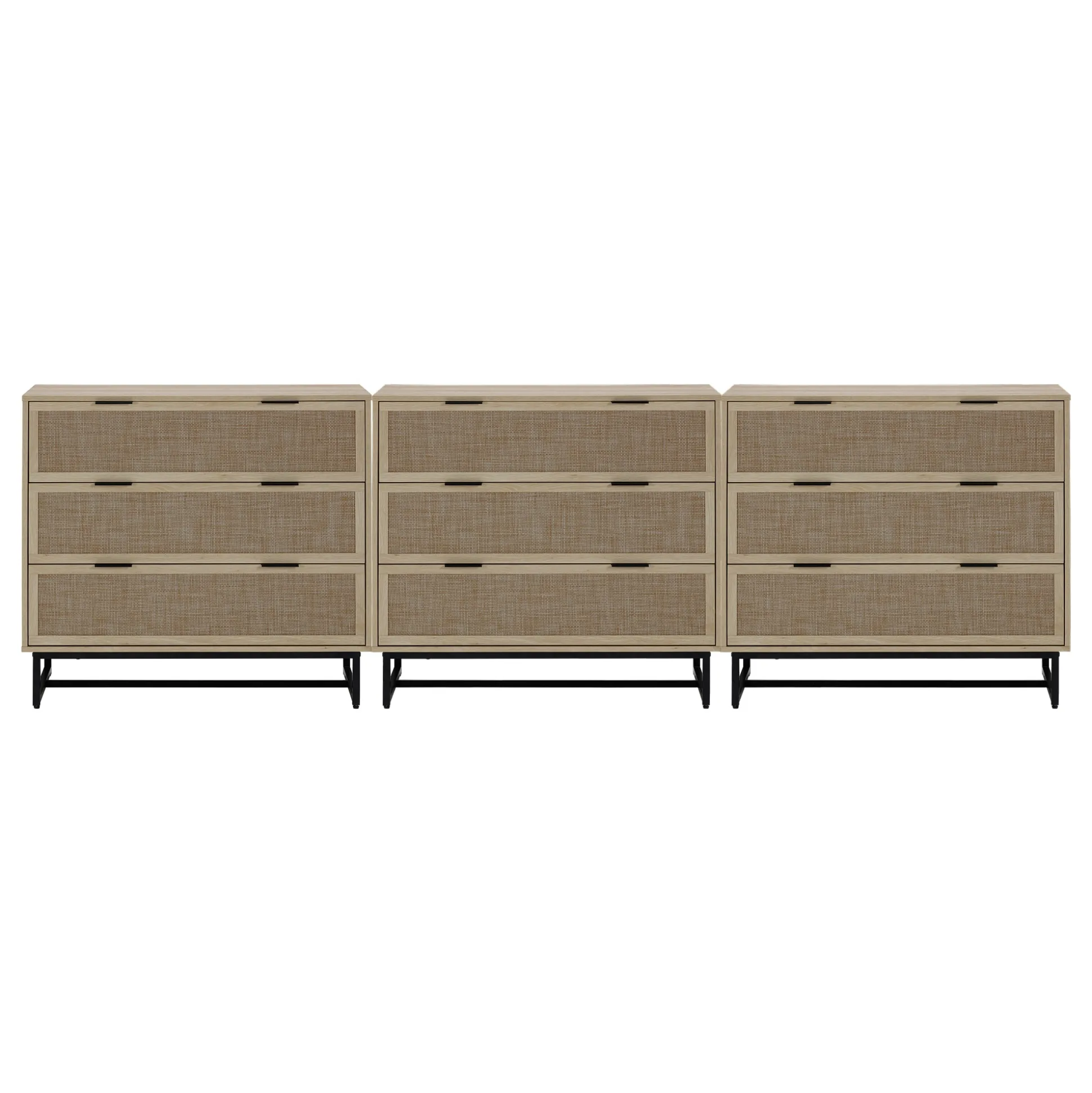 Rattan, Wood & Metal 3-Drawer Large Dresser Oak (Set of 3)