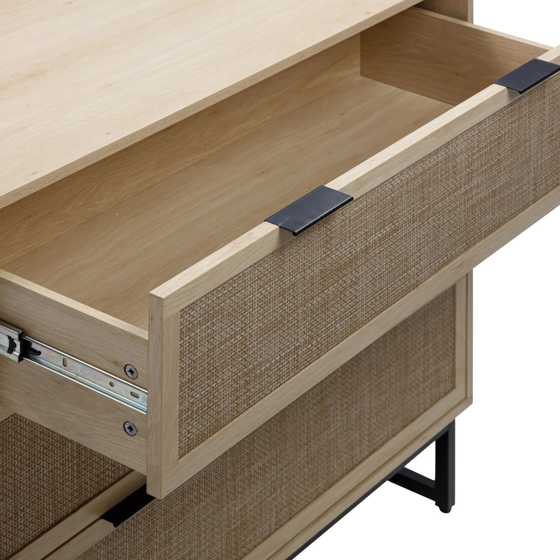 Rattan, Wood & Metal 3-Drawer Large Dresser Oak (Set of 3)