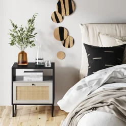 Rattan & Wood Nightstands Black (Set of 2)