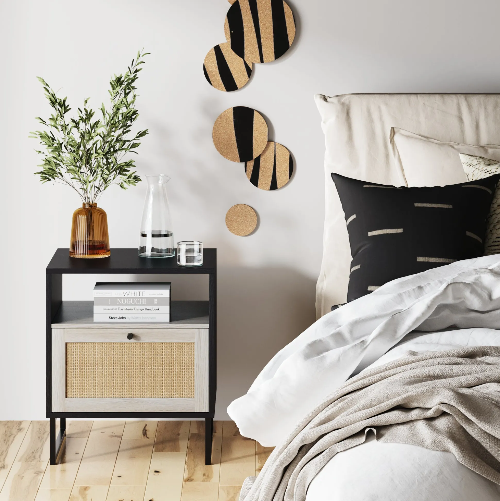 Rattan & Wood Nightstands Black (Set of 2)