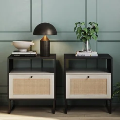 Rattan & Wood Nightstands Black (Set of 2)