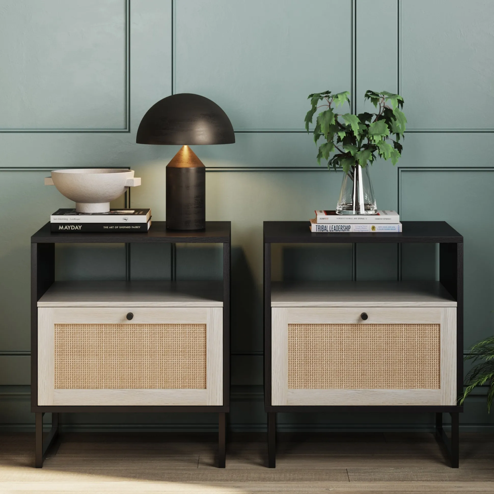 Rattan & Wood Nightstands Black (Set of 2)