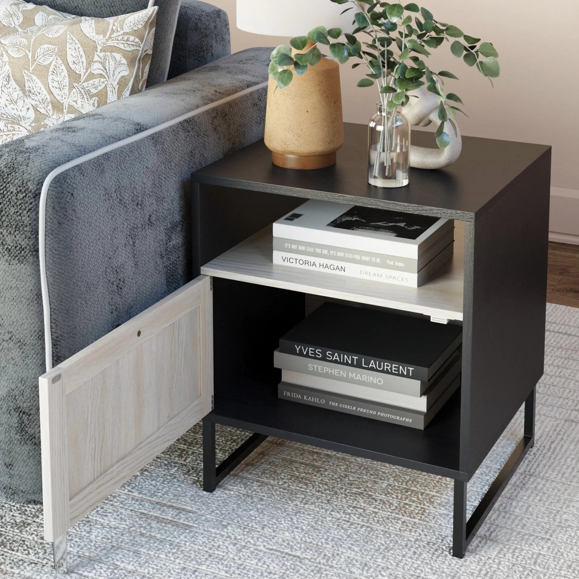 Rattan & Wood Nightstands Black (Set of 2)