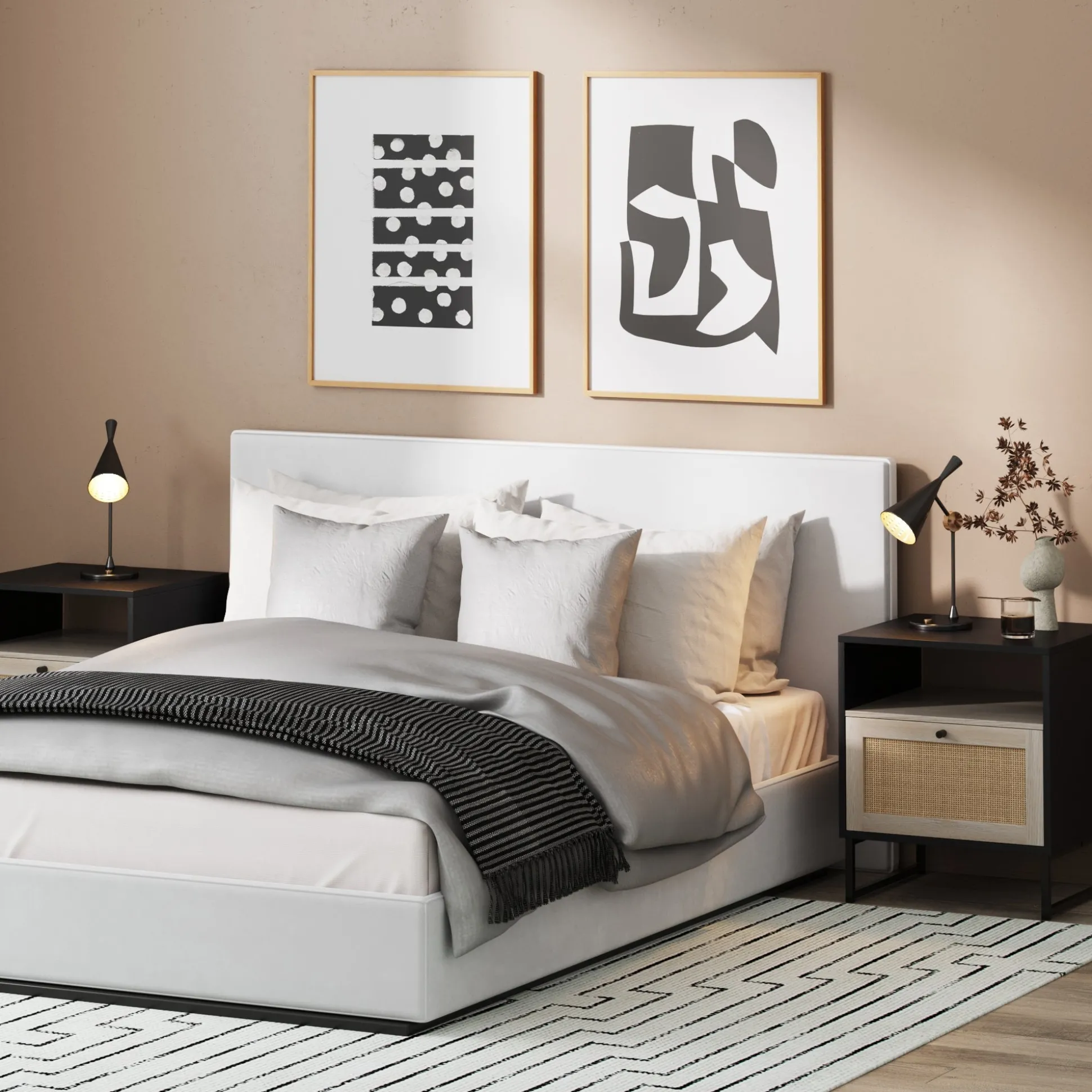 Rattan & Wood Nightstands Black (Set of 2)