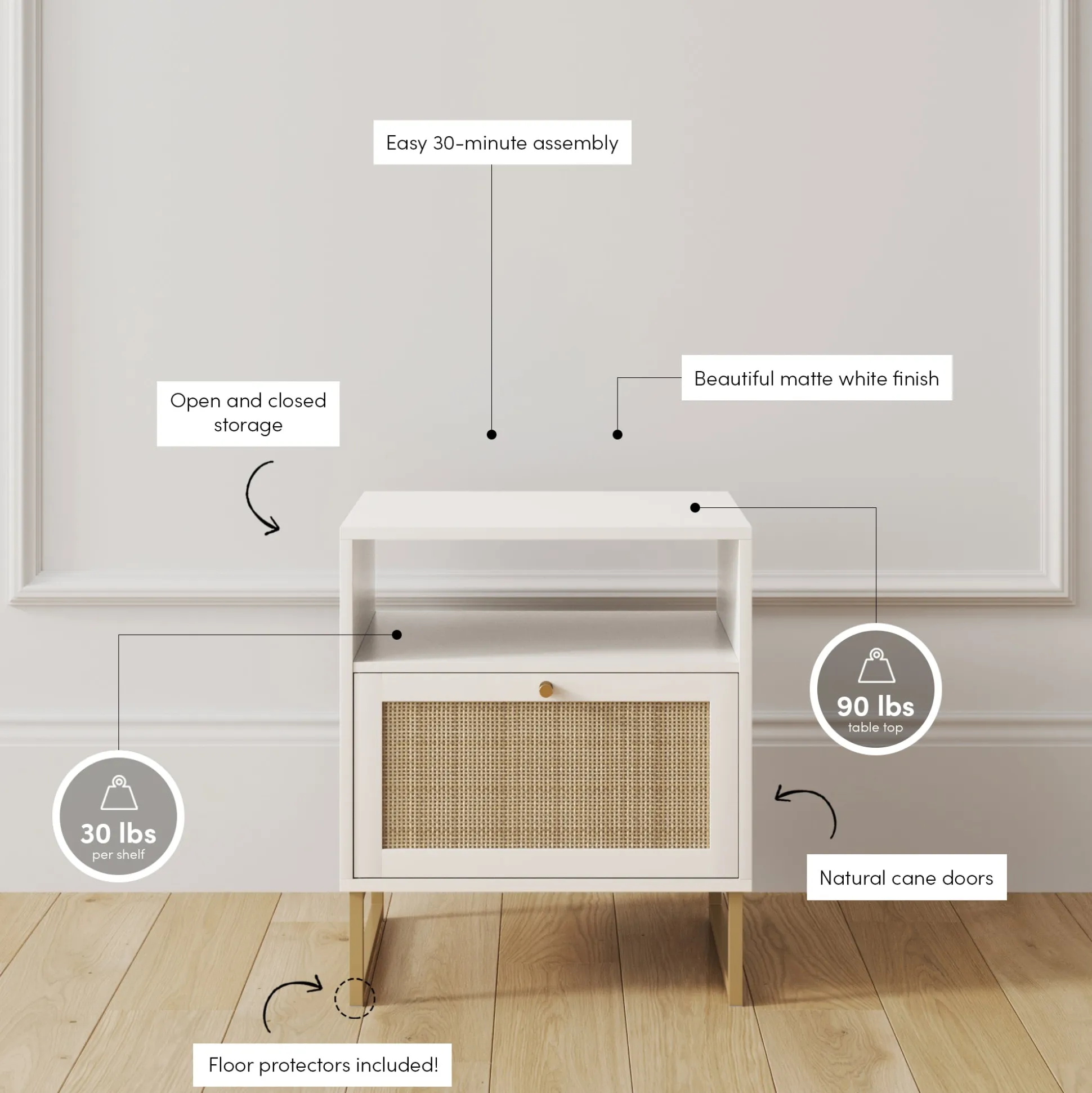 Rattan & Wood Nightstands White (Set of 2)