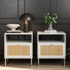 Rattan & Wood Nightstands White (Set of 2)