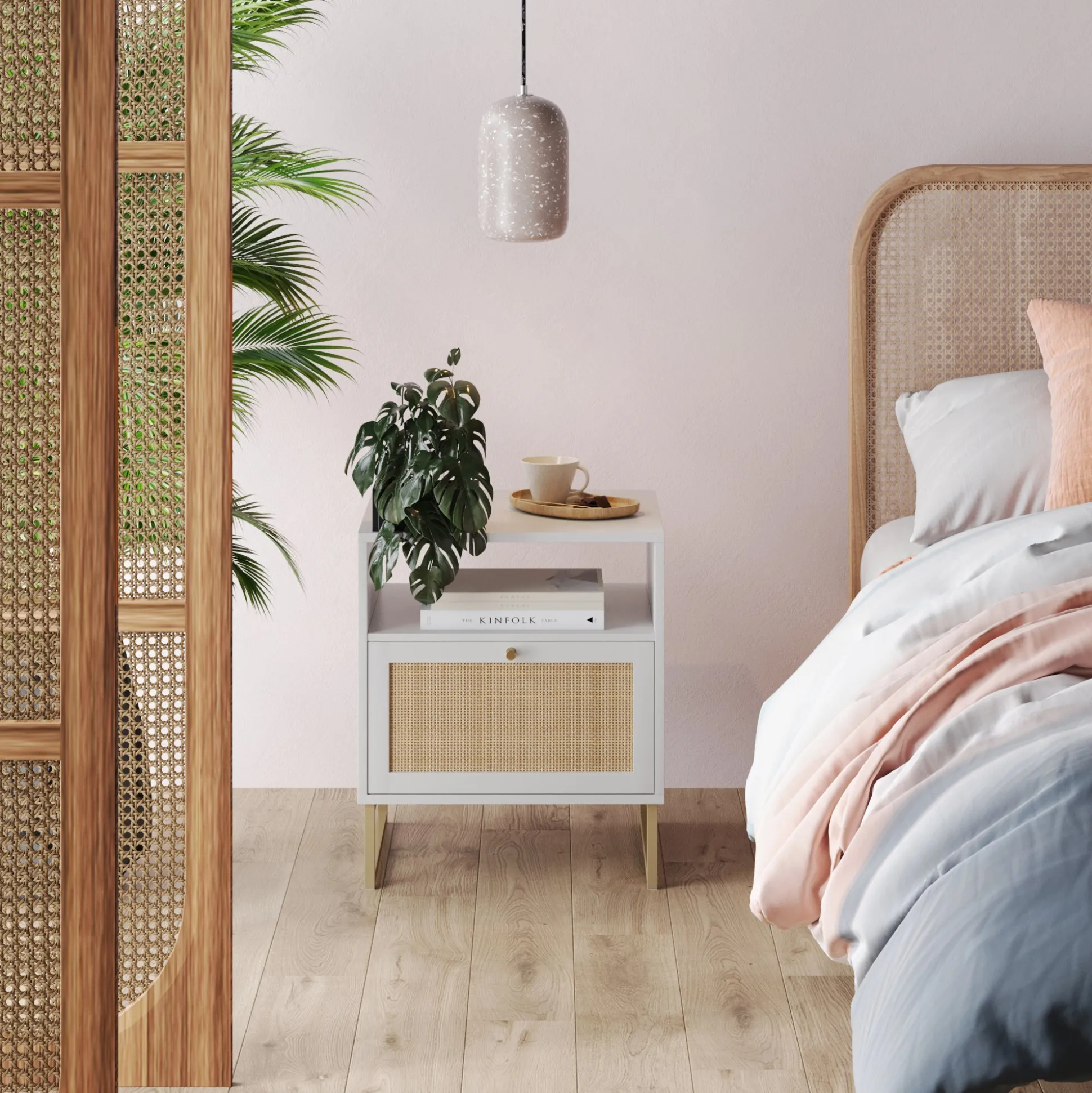 Rattan & Wood Nightstands White (Set of 2)