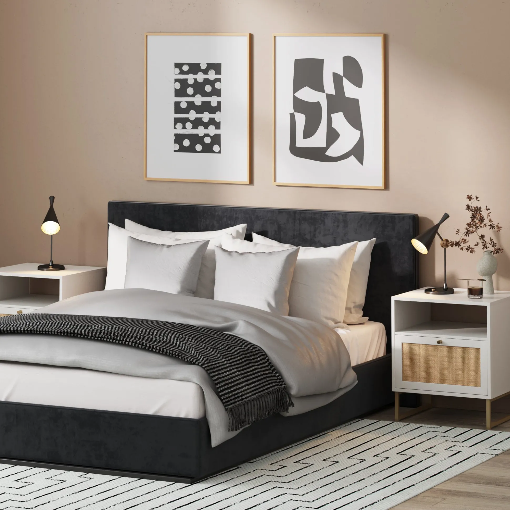 Rattan & Wood Nightstands White (Set of 2)