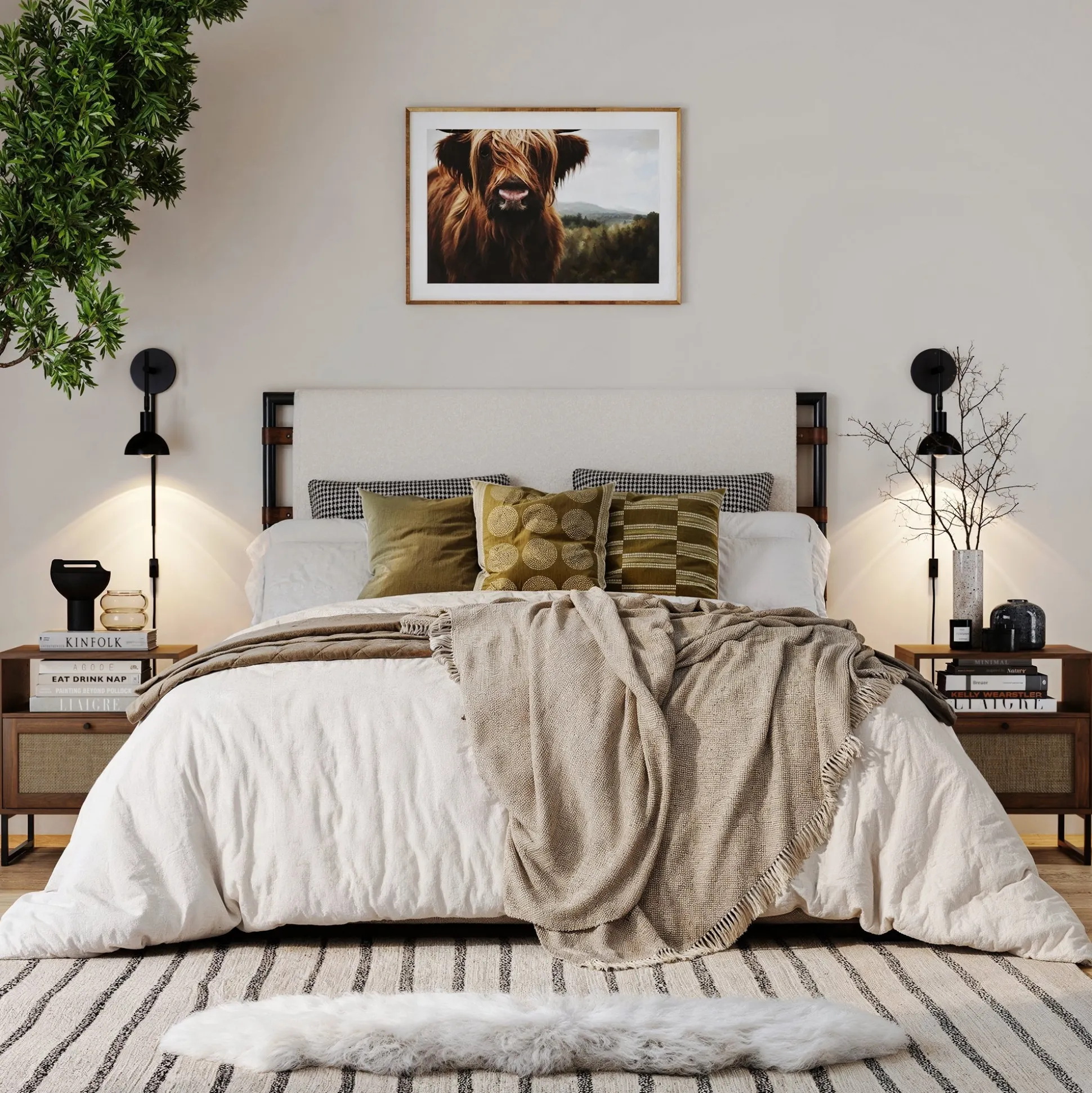 Rattan & Wood Storage Nightstands Walnut (Set of 2)