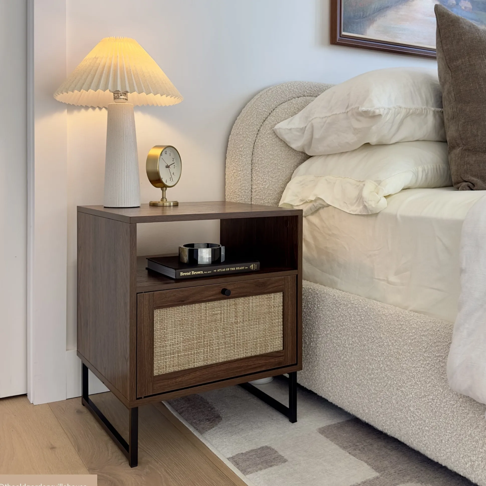 Rattan & Wood Storage Nightstands Walnut (Set of 2)