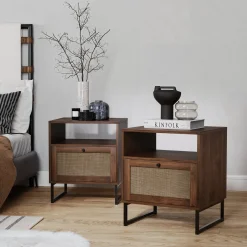 Rattan & Wood Storage Nightstands Walnut (Set of 2)