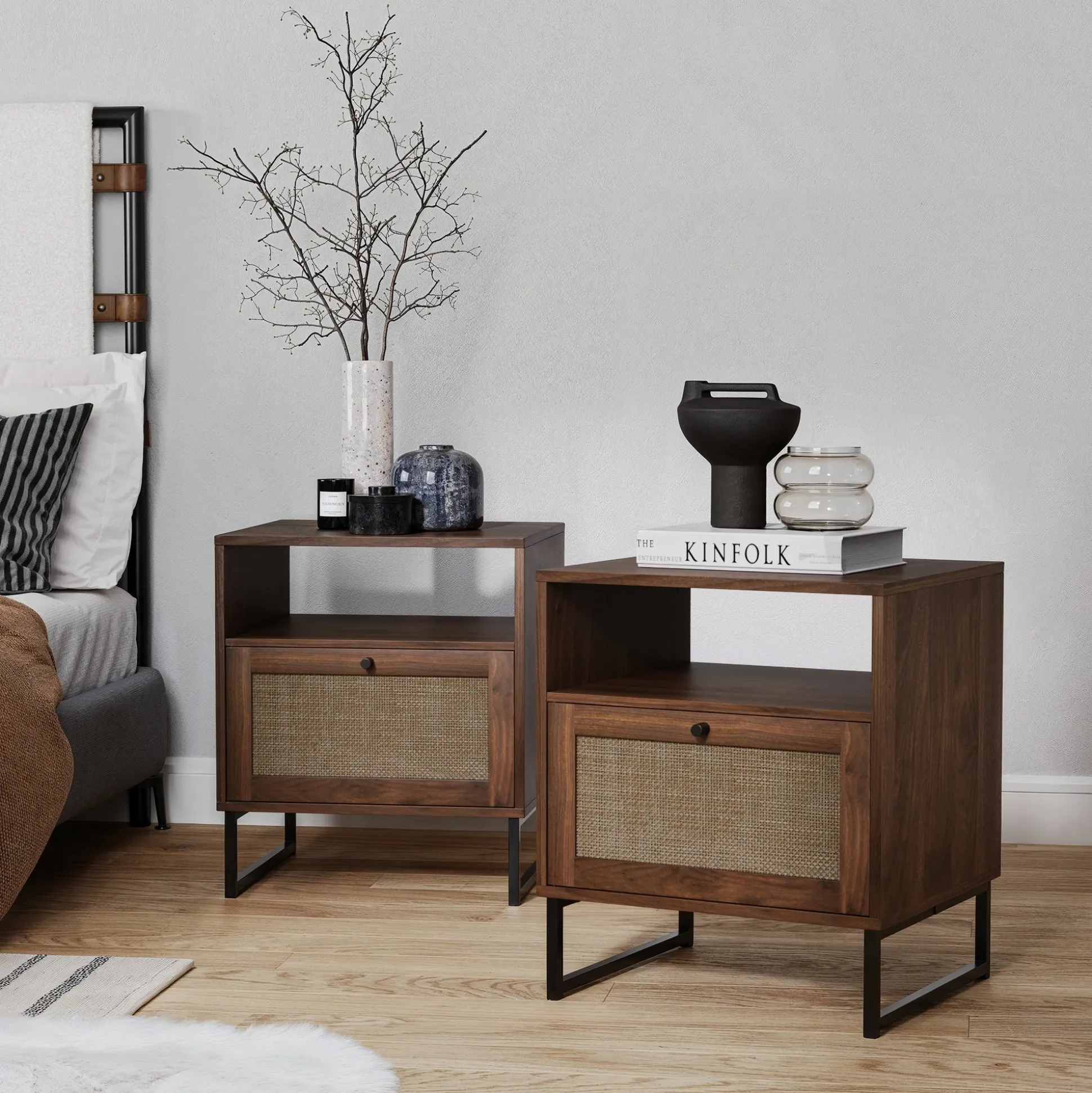 Rattan & Wood Storage Nightstands Walnut (Set of 2)