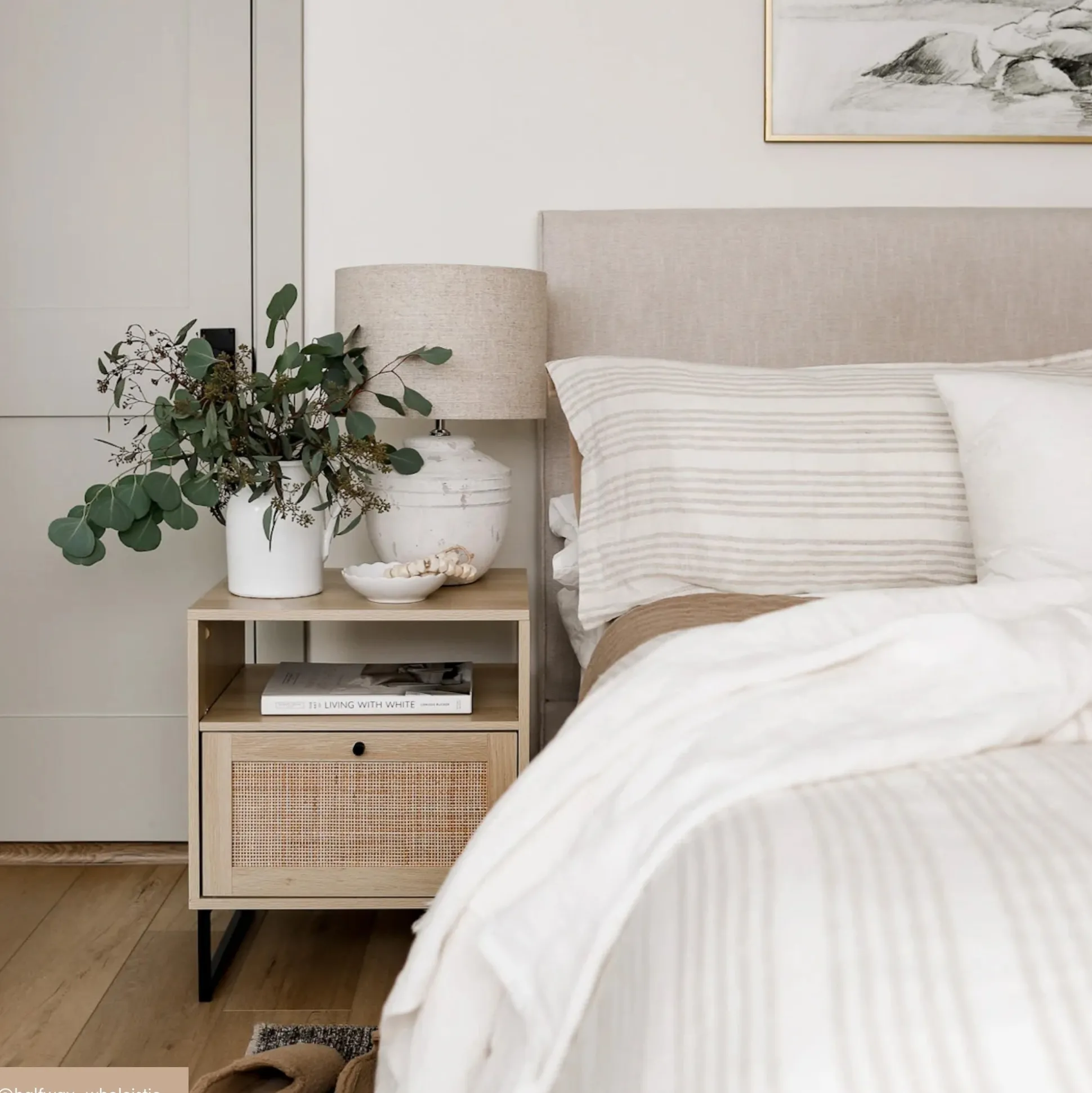 Rattan & Wood Storage Nightstands Oak (Set of 2)