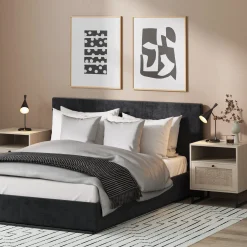 Rattan & Wood Storage Nightstands Oak (Set of 2)