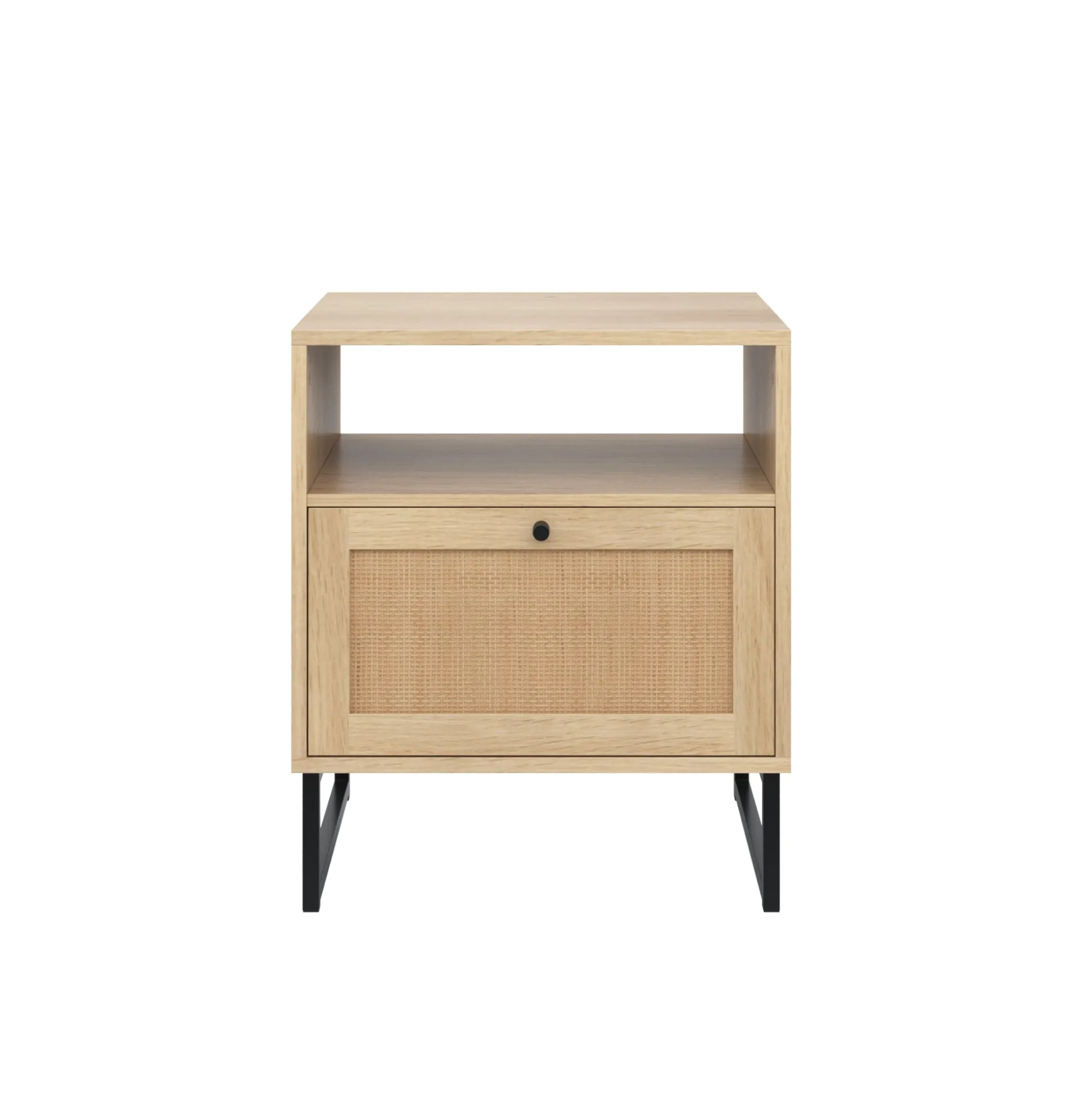 Rattan & Wood Storage Nightstands Oak (Set of 2)