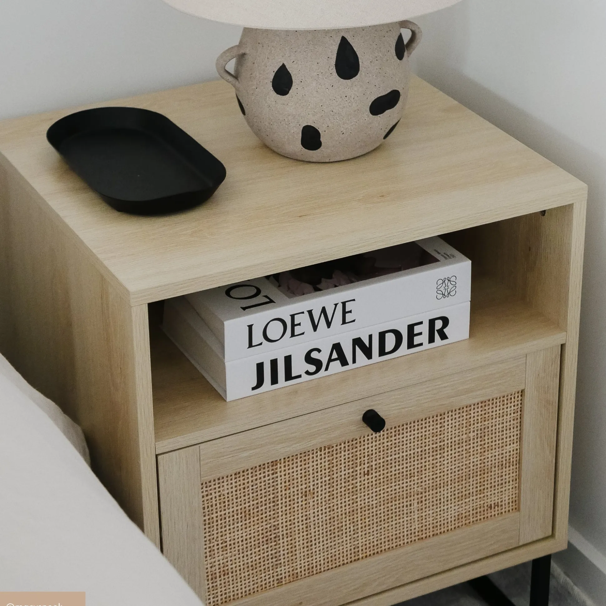 Rattan & Wood Storage Nightstands Oak (Set of 2)