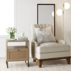 Rattan & Wood Storage Nightstands Oak (Set of 2)