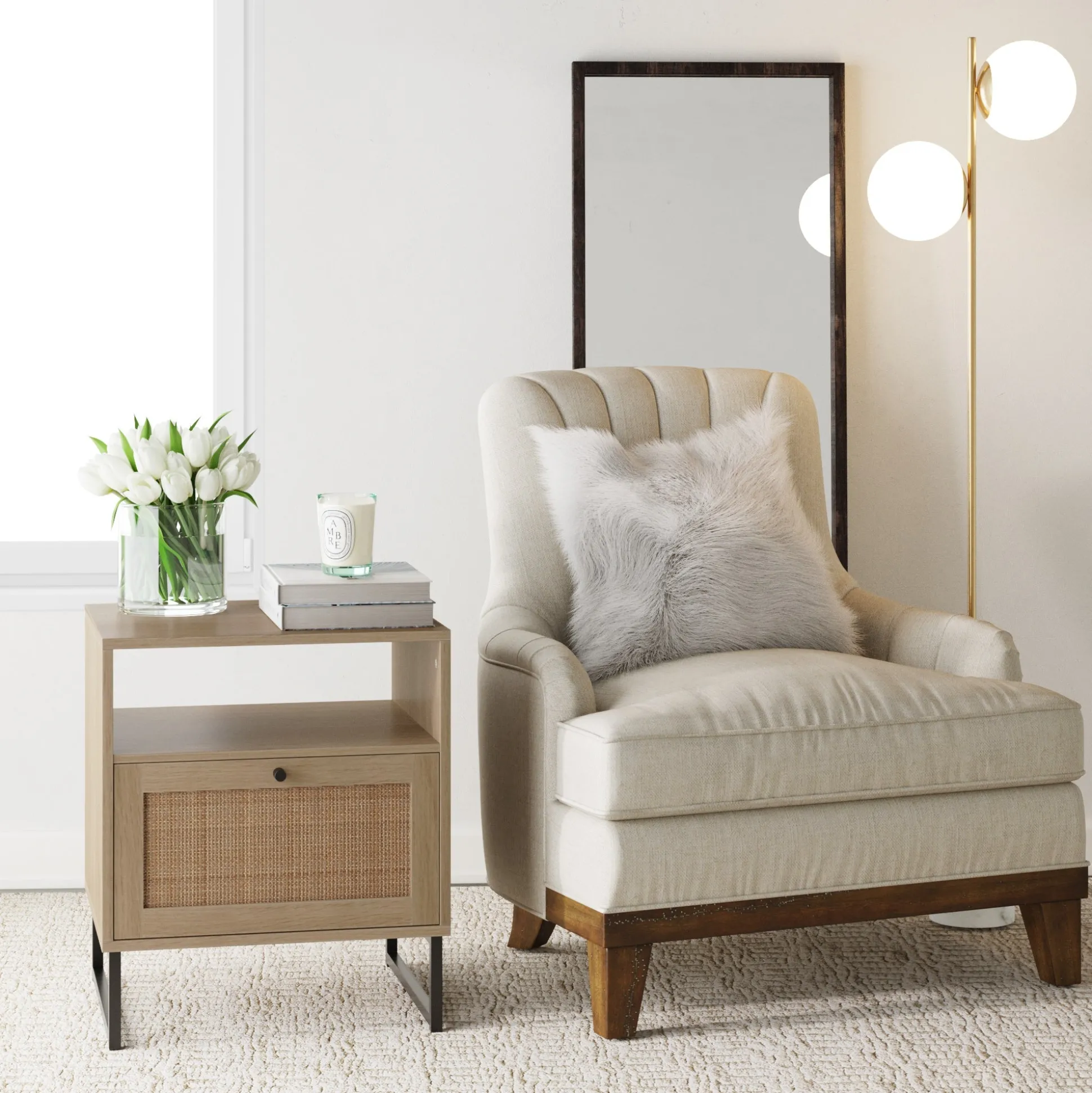 Rattan & Wood Storage Nightstands Oak (Set of 2)