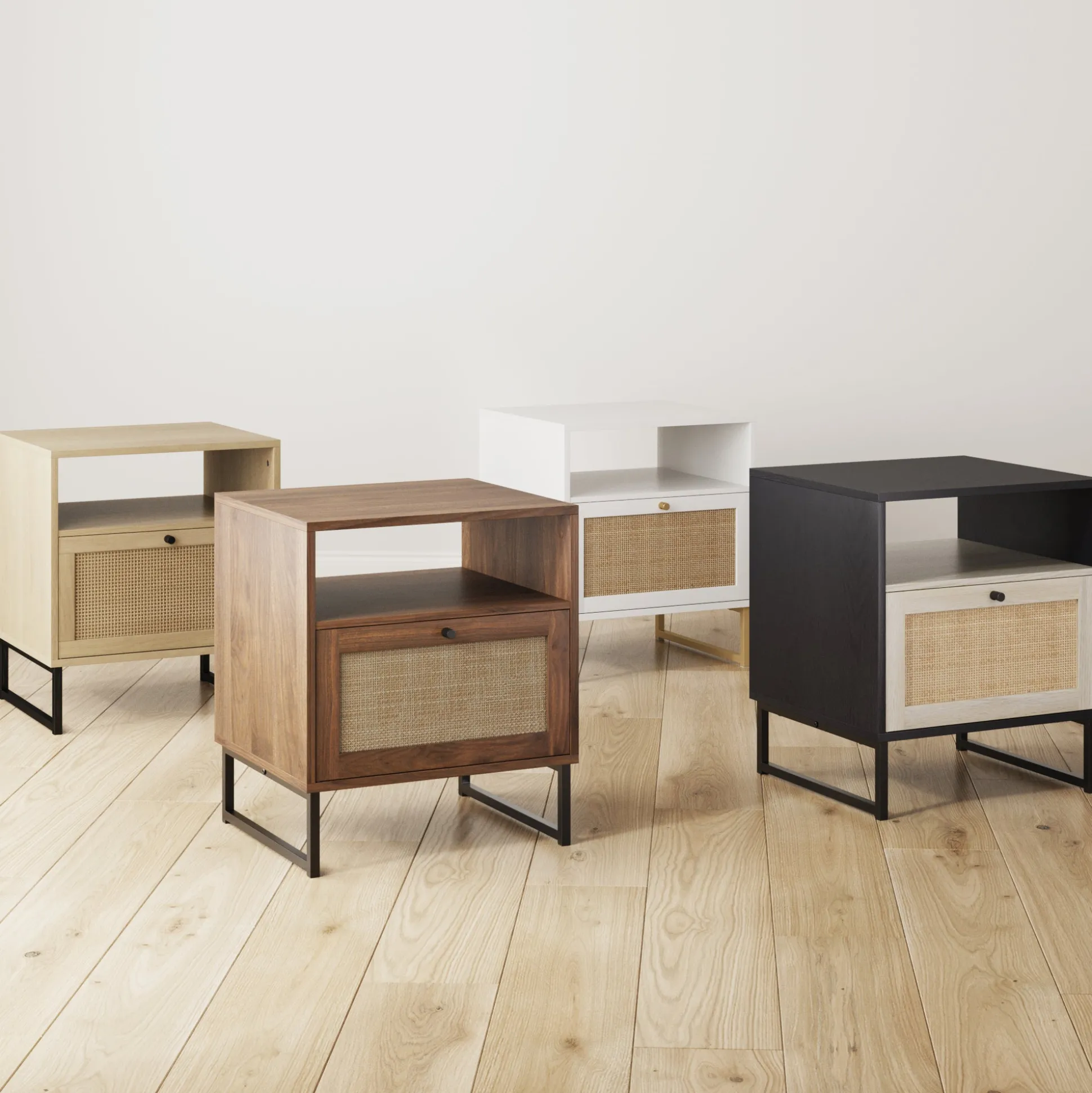 Rattan & Wood Storage Nightstands Oak (Set of 2)