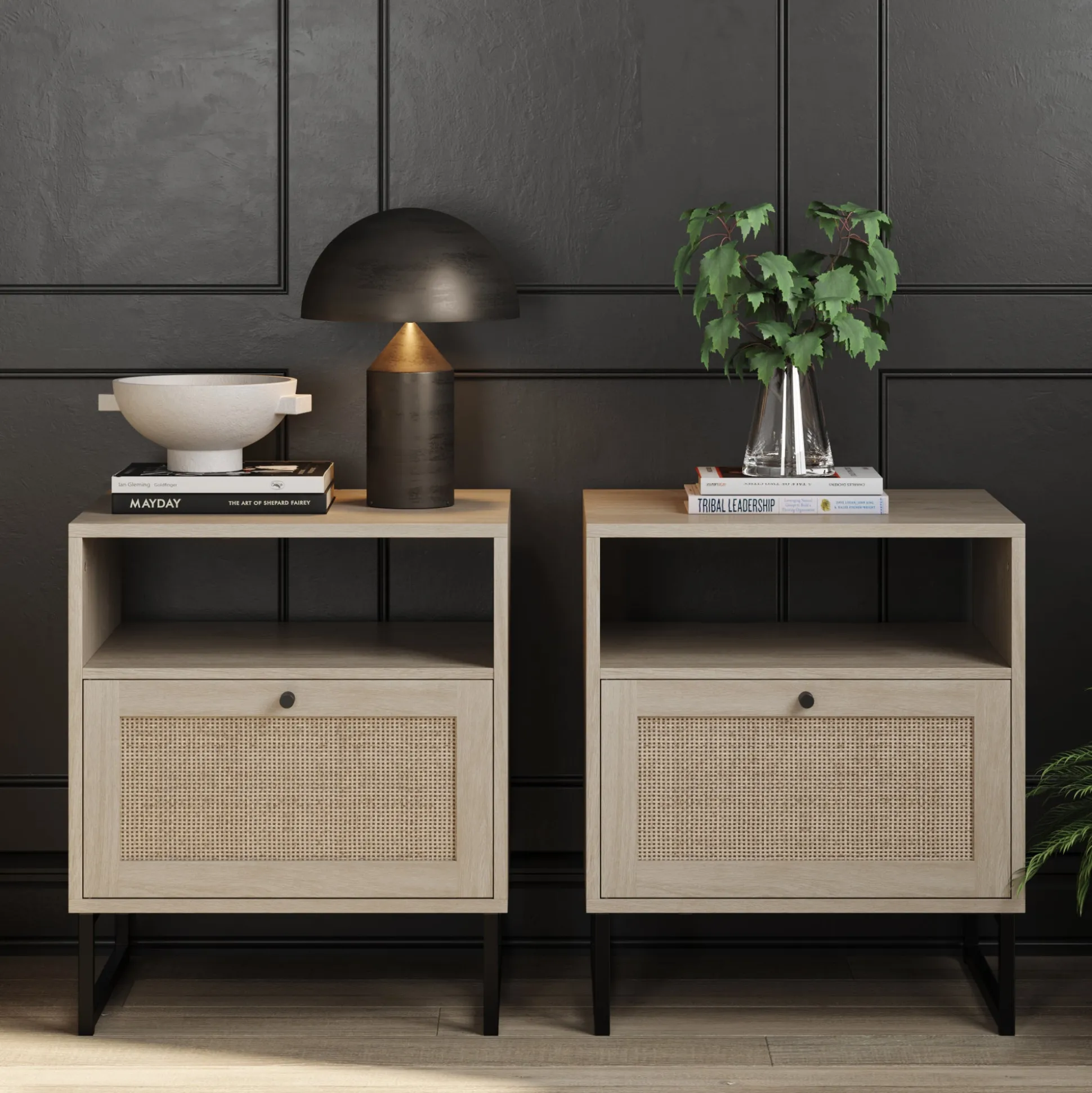 Rattan & Wood Storage Nightstands Oak (Set of 2)