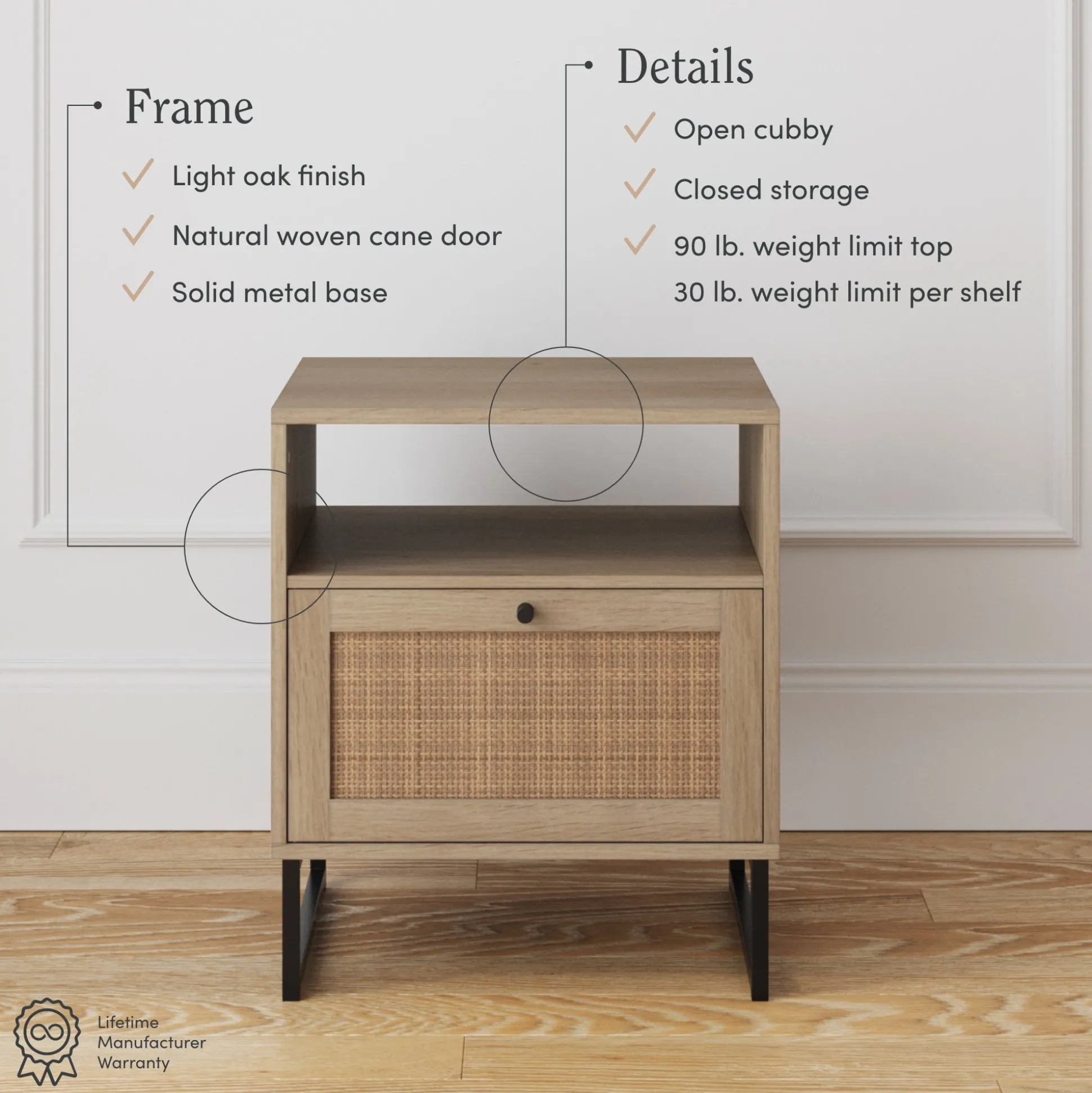 Rattan & Wood Storage Nightstands Oak (Set of 2)
