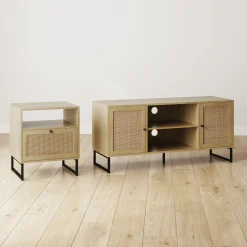 Rattan & Wood Storage Nightstand Light Oak