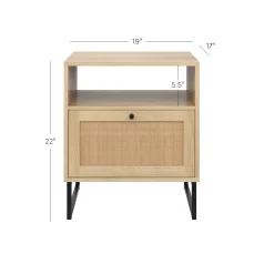 Rattan & Wood Storage Nightstand Light Oak