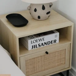 Rattan & Wood Storage Nightstand Light Oak