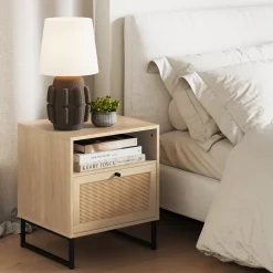 Rattan & Wood Storage Nightstand Light Oak