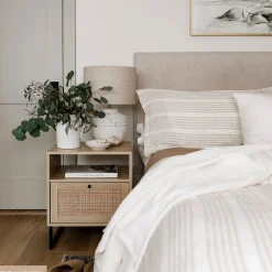 Rattan & Wood Storage Nightstand Light Oak