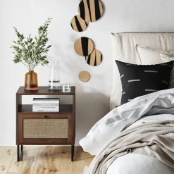 Rattan & Wood Storage Nightstand Walnut