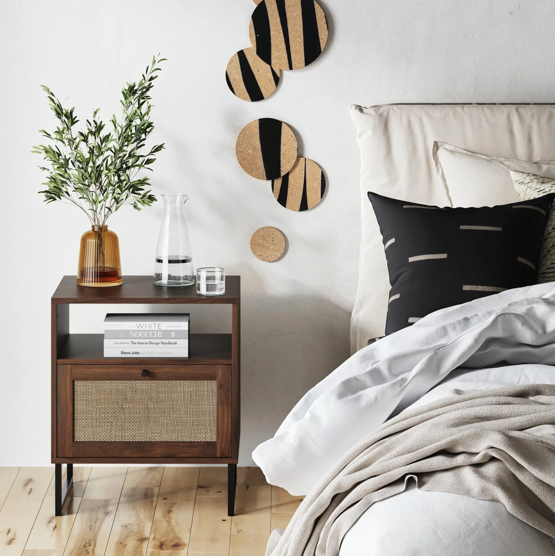 Rattan & Wood Storage Nightstand Walnut