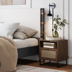 Rattan & Wood Storage Nightstand Walnut