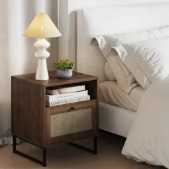 Rattan & Wood Storage Nightstand Walnut