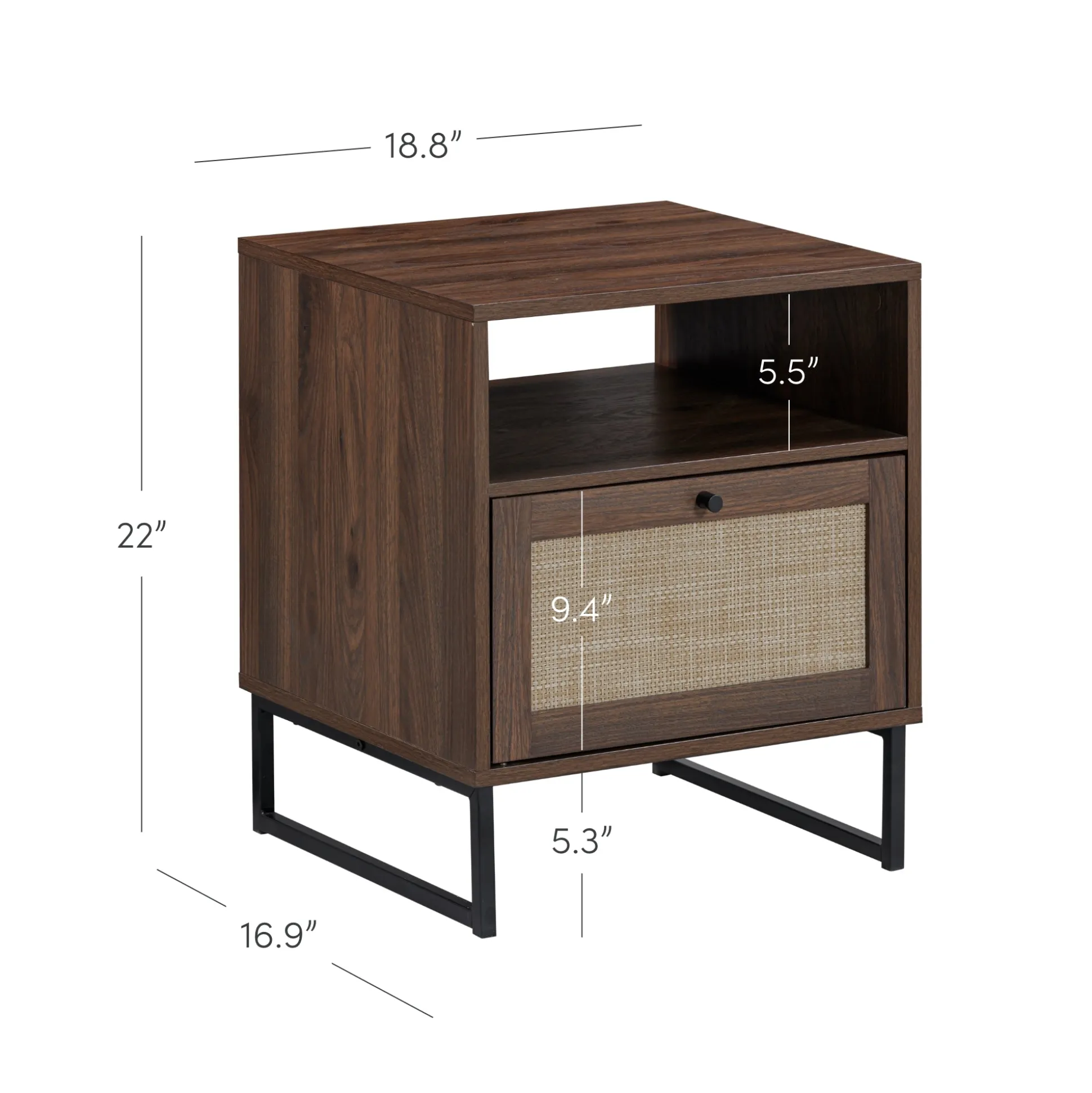Rattan & Wood Storage Nightstand Walnut