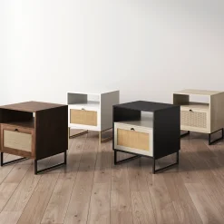Rattan & Wood Storage Nightstand Walnut