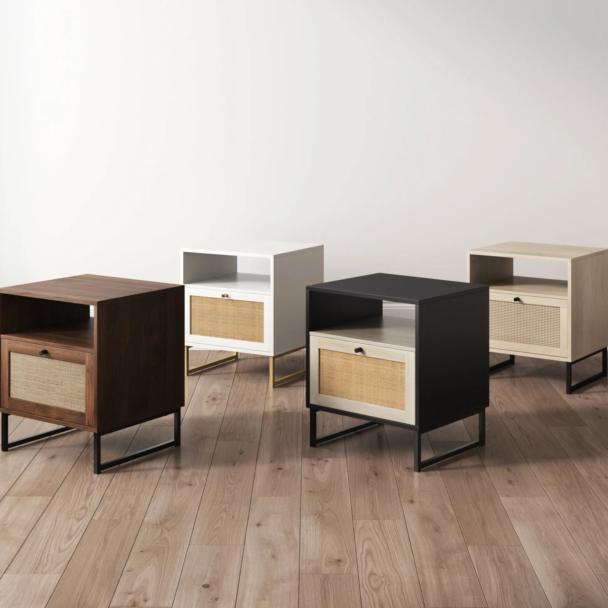 Rattan & Wood Storage Nightstand Walnut
