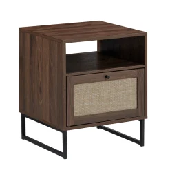 Rattan & Wood Storage Nightstand Walnut