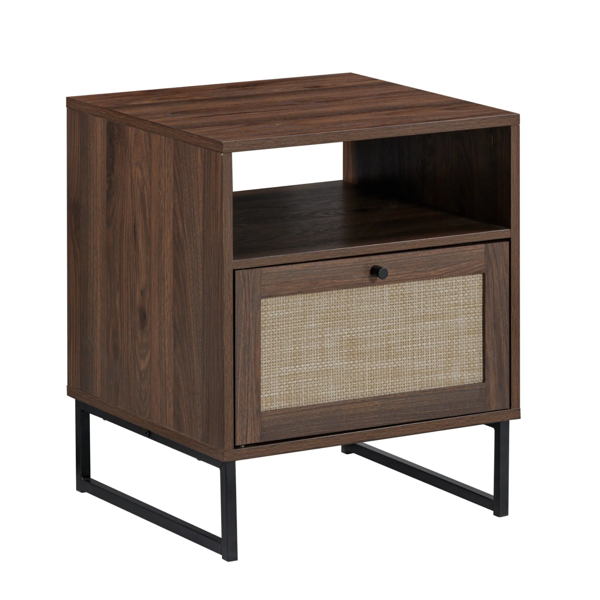 Rattan & Wood Storage Nightstand Walnut