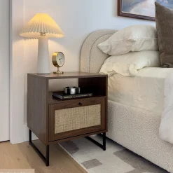 Rattan & Wood Storage Nightstand Walnut