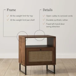 Rattan & Wood Storage Nightstand Walnut