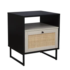 Rattan & Wood Storage Nightstand Black