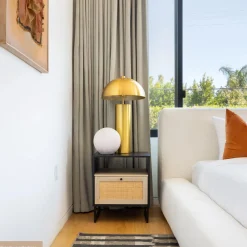 Rattan & Wood Storage Nightstand Black
