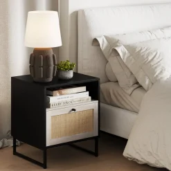 Rattan & Wood Storage Nightstand Black