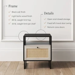 Rattan & Wood Storage Nightstand Black