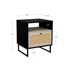 Rattan & Wood Storage Nightstand Black