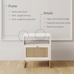 Rattan & Wood Storage Nightstand White