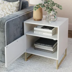 Rattan & Wood Storage Nightstand White
