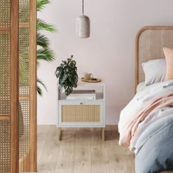 Rattan & Wood Storage Nightstand White
